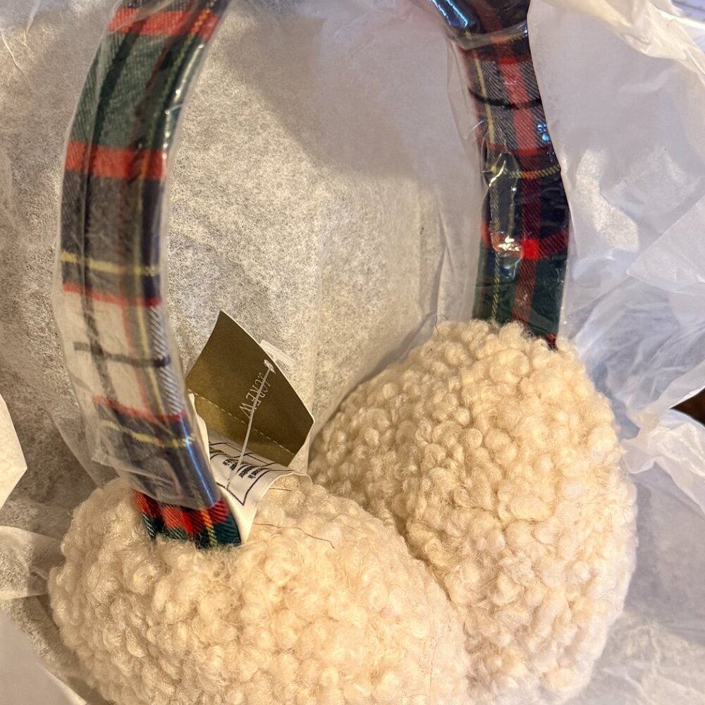 NEW J.Crew Natural / Light Faux Fur Earmuffs Stewart Plaid Tartan Band K6401 - Picture 7 of 7